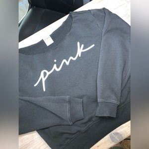 Pink Victoria’s Secret Logo Black Wide Neck Cropped Long Sleeve Sweatshirt